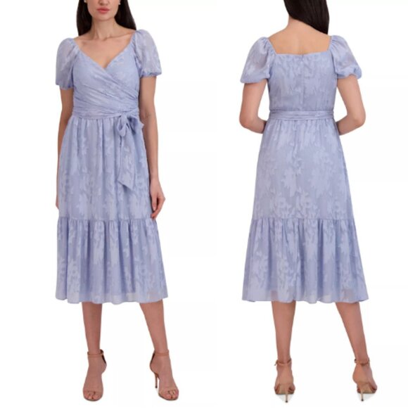 Julia Jordan Womens Surplice Side-Tie Puff Sleeve Lace Midi Dress Sky Blue 8 NWT - Picture 1 of 8